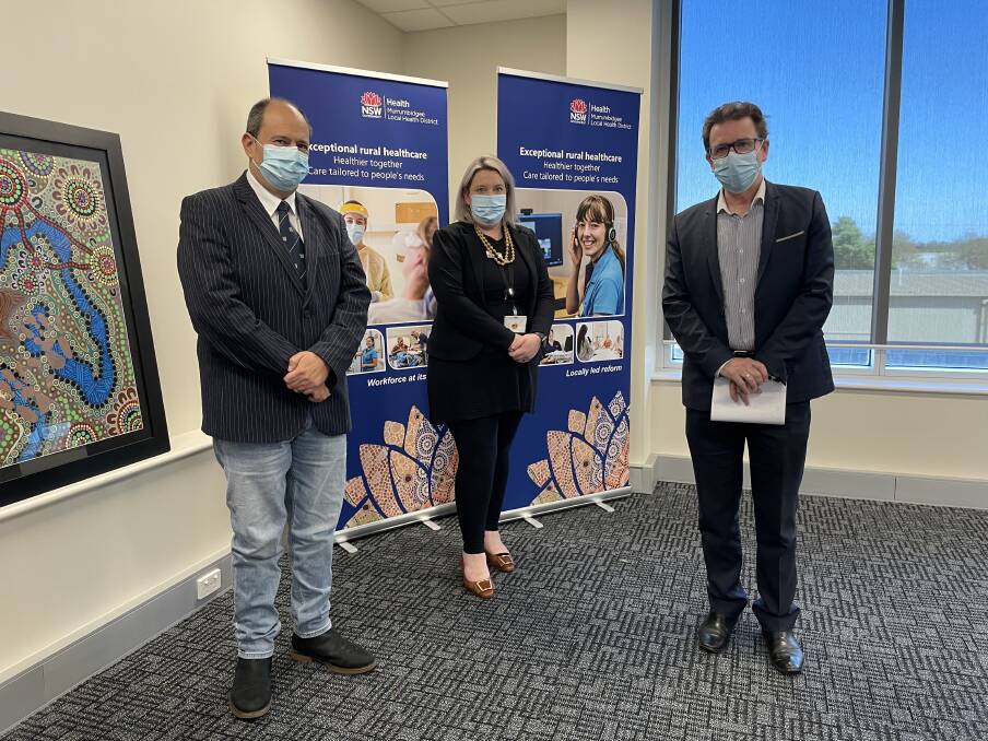 MLHD executive director of medical services Dr Len Bruce, MLHD COVID-19 coordinator Emma Field, and Wagga MP Dr Joe McGirr. Picture: Emily Wind