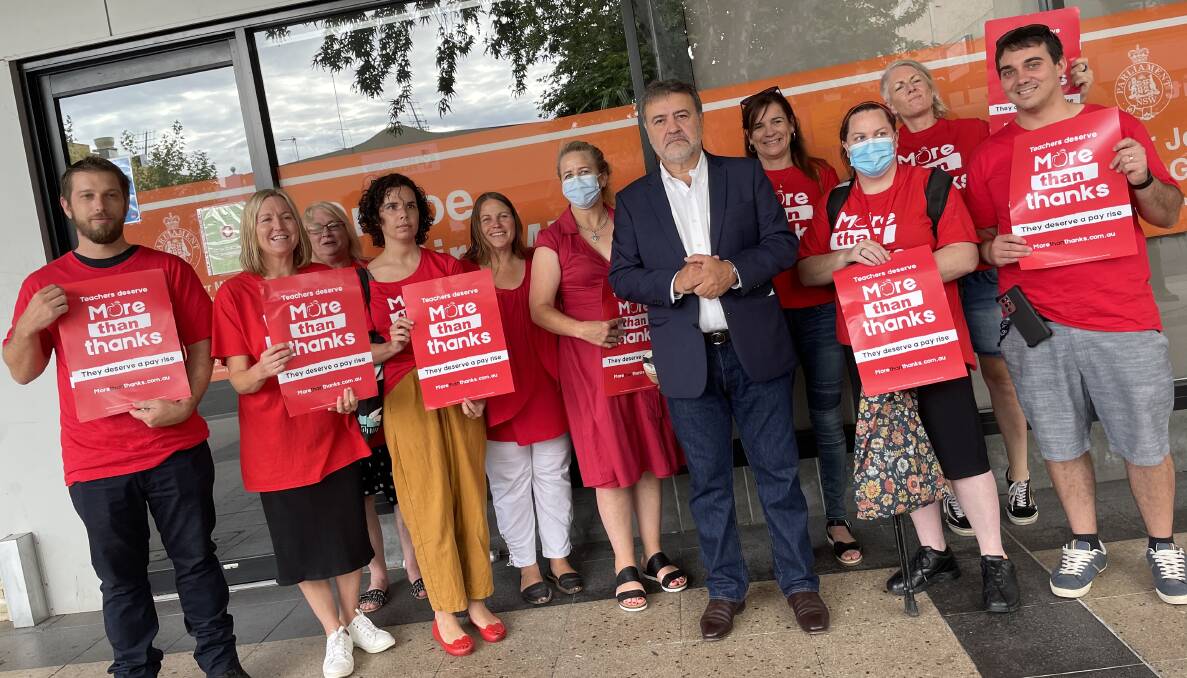 ACT NOW: President of the NSW Teachers Federation Angelo Gavrielatos met with Wagga teachers on Friday to call on the government to address workforce shortages. Picture: Emily Wind