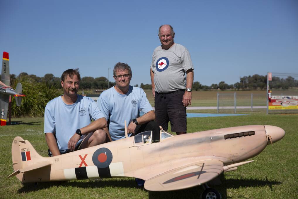 Wagga Model Aero Club competition coordinator BJ Padman, president Richard Carroll and model aeroplane enthusiast Ray Ogle. Picture: Madeline Begley