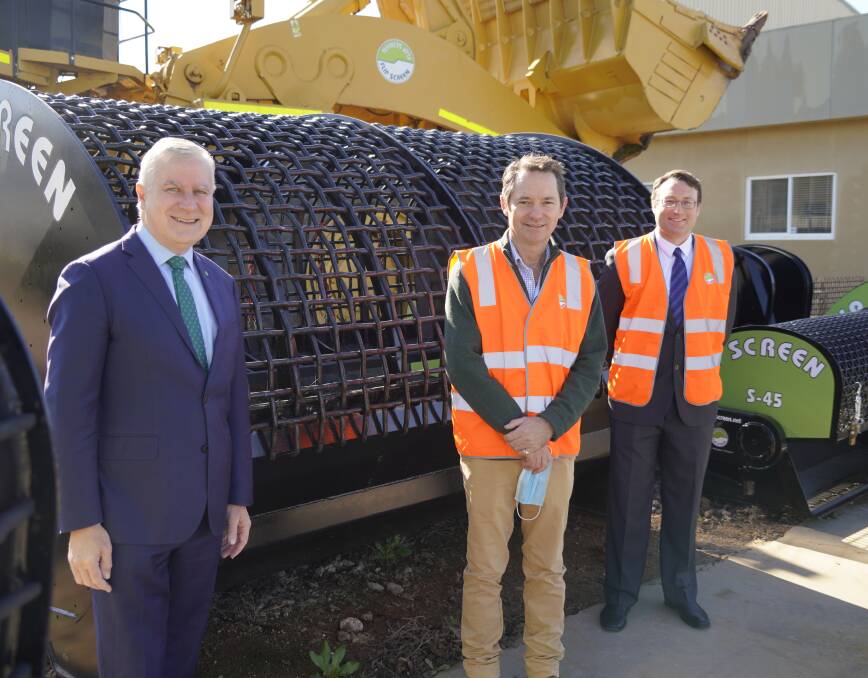 MANUFACTURING BOOST: Member for Riverina Michael McCormack with Flip Screen's managing director Sam Turnbull and chief financial officer Daniel Jones at the grant announcement in Wagga on Thursday. Picture: Supplied