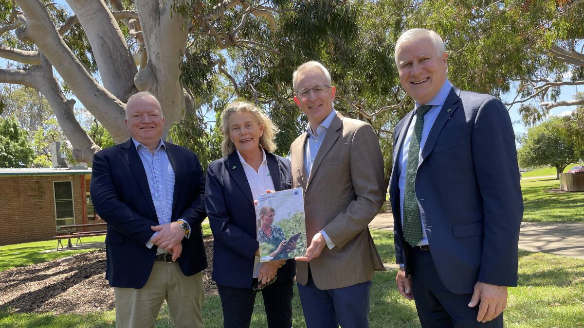 LAUNCH: Chief development officer with NBN Gavin Williams, National Farmers Federation president Fiona Simson, Minister for Communications Paul Fletcher and Riverina MP Michael McCormack. Picture: Emily Wind