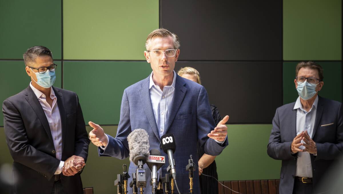 Premier Dominic Perrottet speaking to the media at Wagga Base Hospital on Tuesday. Picture: Emily Wind