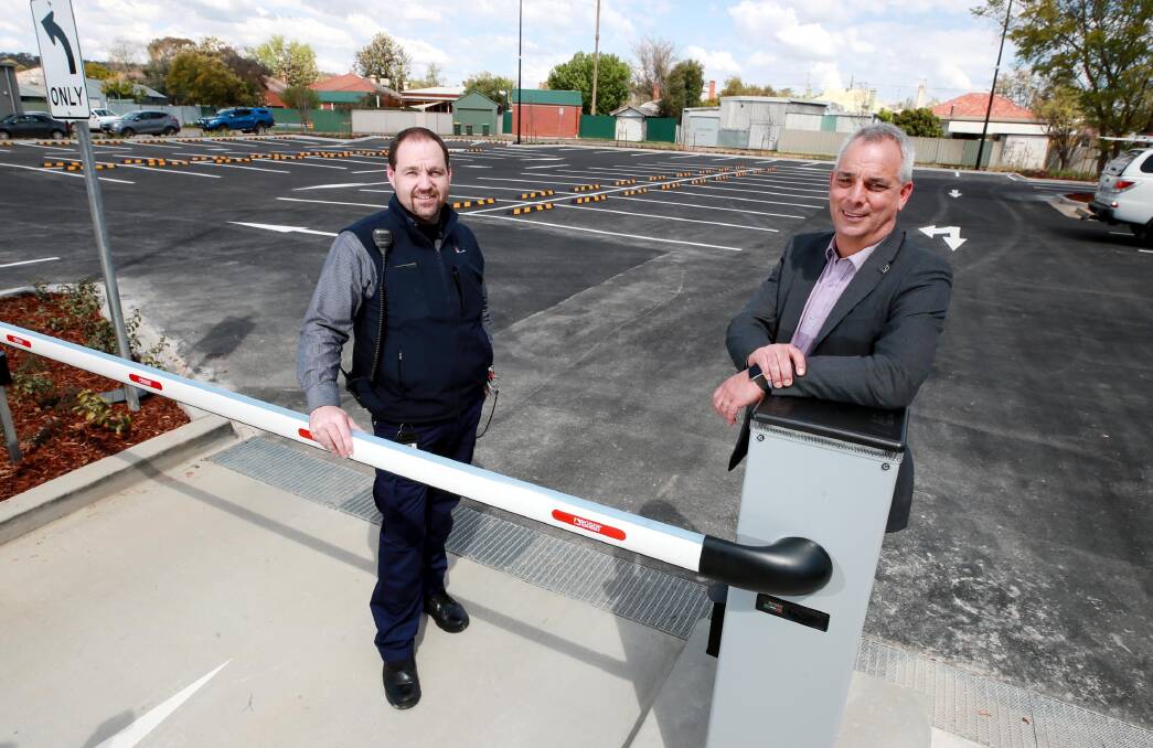 Wagga Base Hospital security manager Tim Ryan with manager of corporate and business services, Michael Morris, at the new Yathong Street staff carpark, which will open tomorrow. Picture: Les Smith