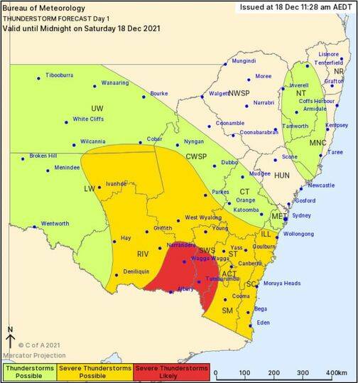 Saturday's thunderstorm forecast, via NSW SES.