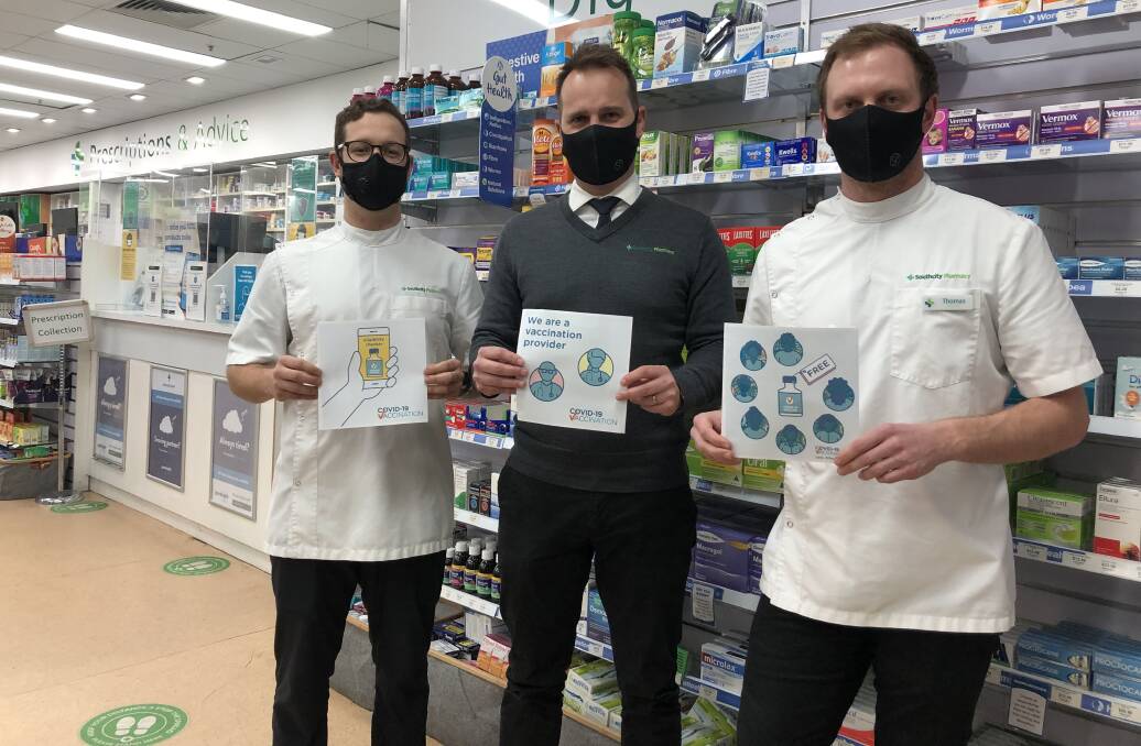 READY TO ROLL: SouthCity pharmacy's Darko Bogdanobic, Luke van der Rijt and Tom Adamson are keen to be involved in the COVID vaccine rollout, with the first batch of doses arriving on Tuesday. Picture: Emily Wind