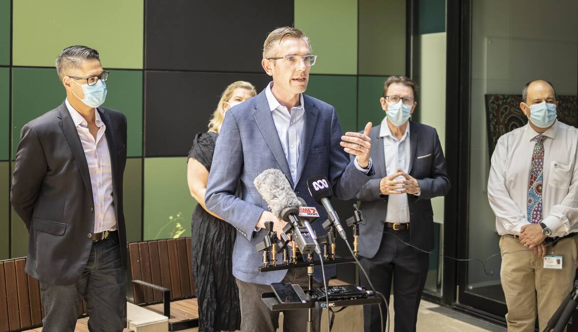 NSW Premier Dominic Perrottet addresses the media at Wagga Base Hospital on Tuesday. Picture: Ash Smith
