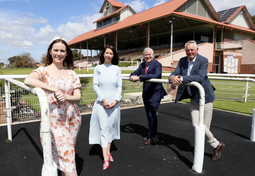 Current Face of the Carnival Sarah Vasey, Ruby Tuesday owner Kell Stoll, Riverina MP Michael McCormack and Murrumbidgee Turf Club president Geoff Harrison. Picture: Les Smith