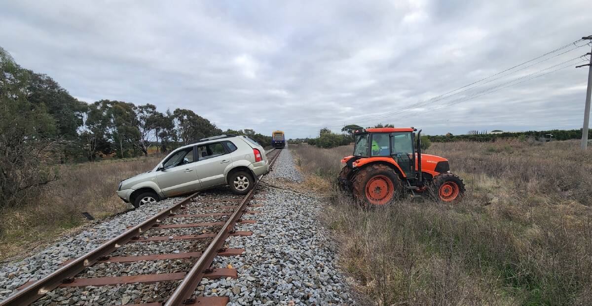 HAZARD: The Hyundai Tucson was discovered by a train driver travelling through Merungle Hill about 8.20am on Sunday. Picture: Supplied