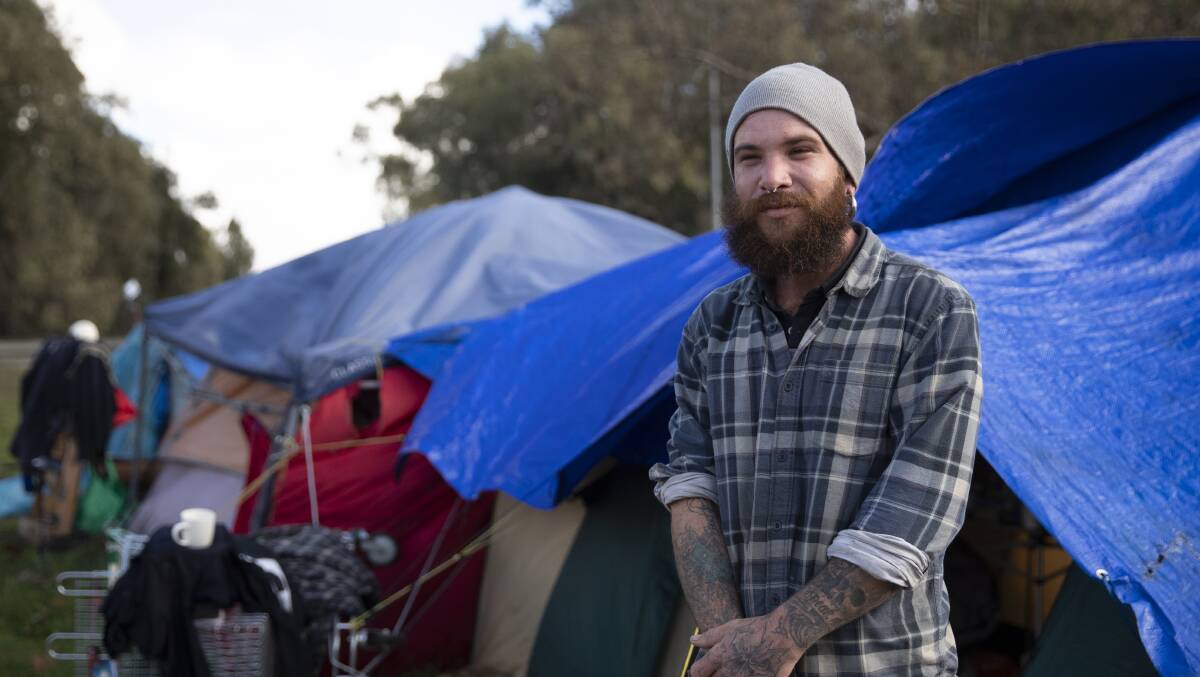 DIRE SITUATION: Matt Costello, 32, has spent the last 8 months sleeping in a tent in Wilks Park, North Wagga. Picture: Madeline Begley