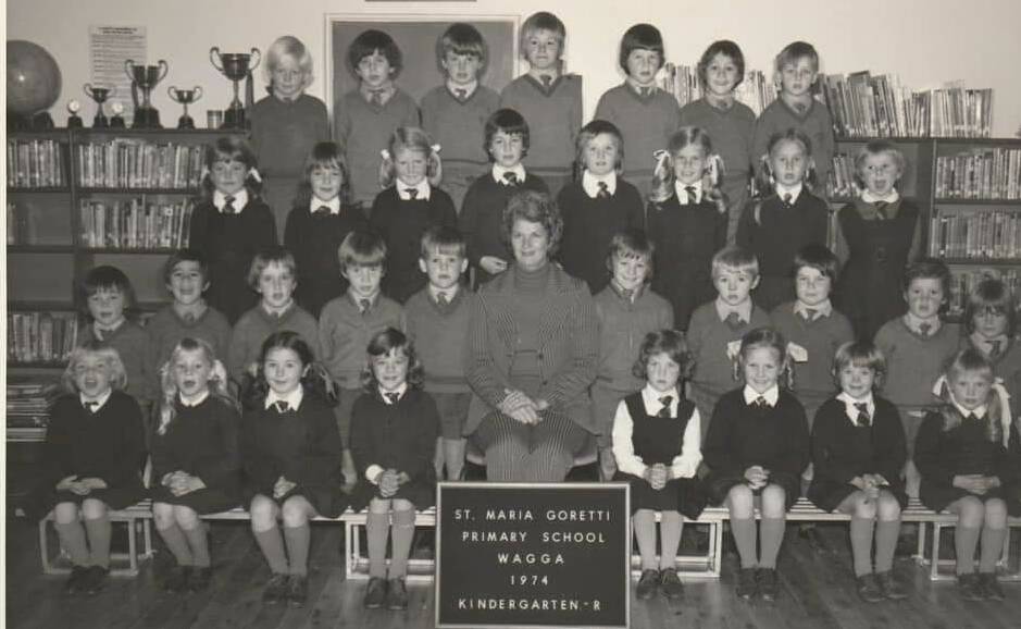 WAGGA BORN: Sarah Schofield's kindergarten class photo at St Maria Goretti Primary School, Wagga taken in 1974. Picture: Supplied.