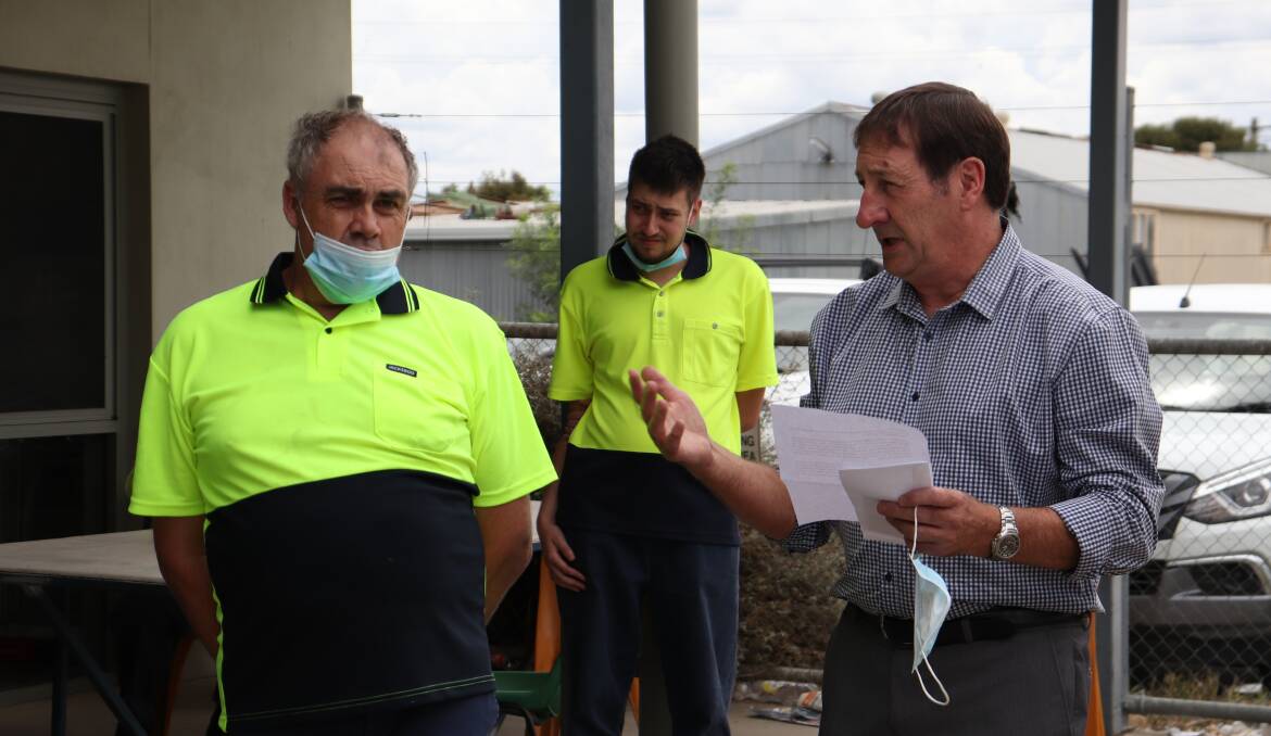 IMPRESSIVE ACHIEVEMENT: Paul Duck with Kurrajong's Chief Executive Officer Ray Carroll at Kurrajong Recycling off Chaston Street . Photo: Hayley Wilkinson.