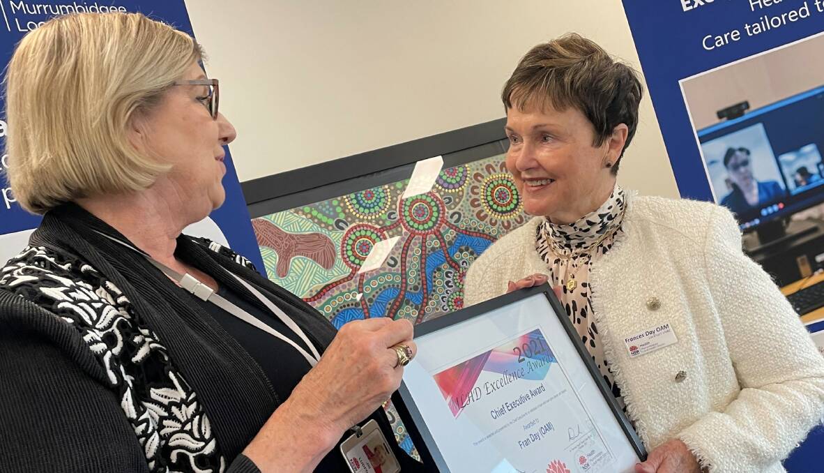 HONOUR: MLHD chief executive Jill Ludford awarding Frances Day with her Chief Executive's Award for epitomising the values held by the local health district throughout her multiple voluntary endeavours. Picture: Hayley Wilkinson