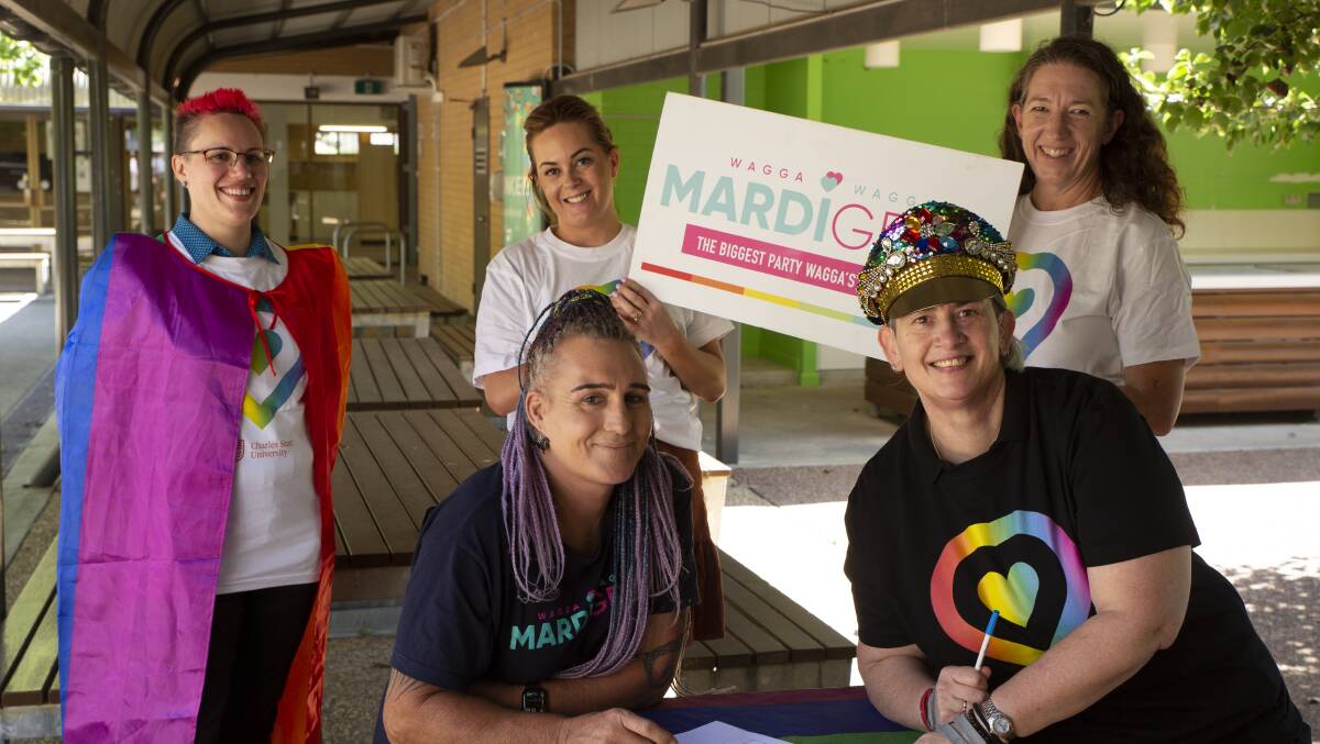 READY TO CELEBRATE: Matilda Kyle, Fleur Horsley and Megan Smith with Wagga Mardi Gras founder and organiser Holly Conroy and CSU Associate Professor Cate Thomas. Picture: Madeline Begley.