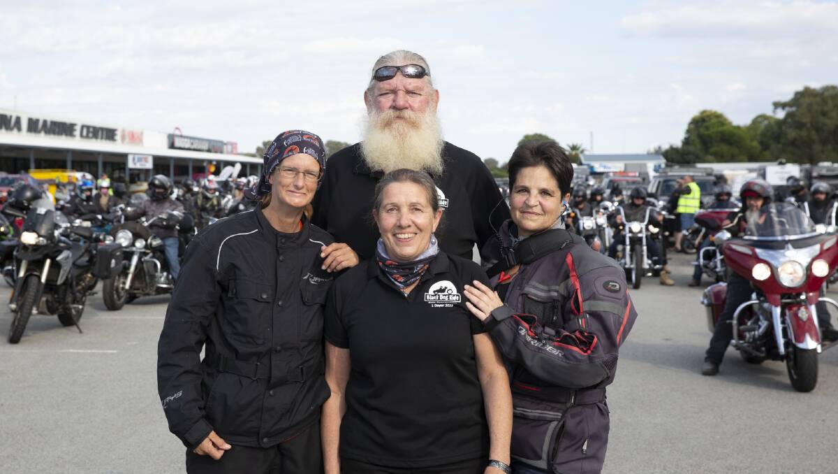 LIKE FAMILY: Black Dog Ride organiser Graham 'Bear' Falconer with lead riders Lee Buxbury, Nerolie Falconer and Sandra Maliner prior to departing Wagga. Picture: Madeline Begley