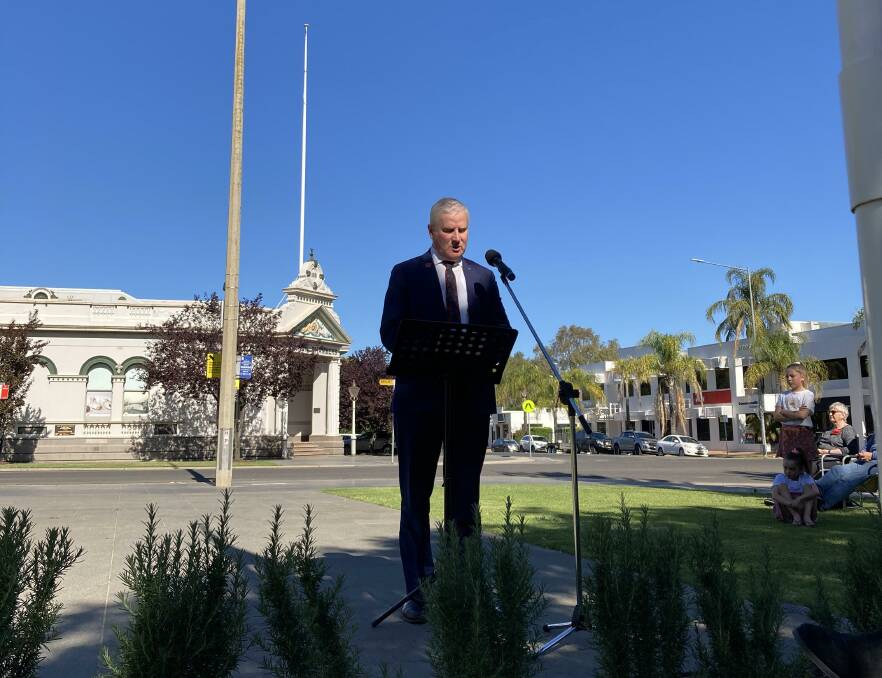 NEVER FORGOTTEN: Mr McCormack delivering his speech at the Victory Memorial Gardens on Sunday afternoon. IMAGE: Supplied.