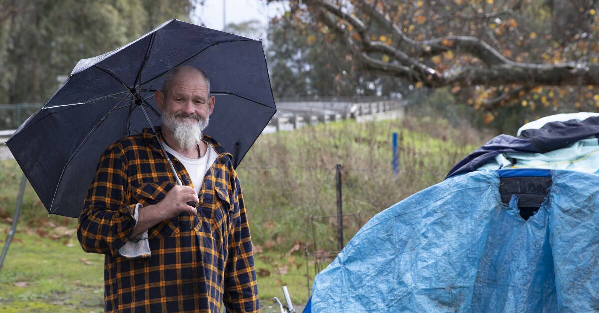 PERFECT STORM: Desmond Brennan, 50, at Wilks Park in North Wagga last Tuesday. He has been living at the campsite for a number of weeks. Picture: Madeline Begley