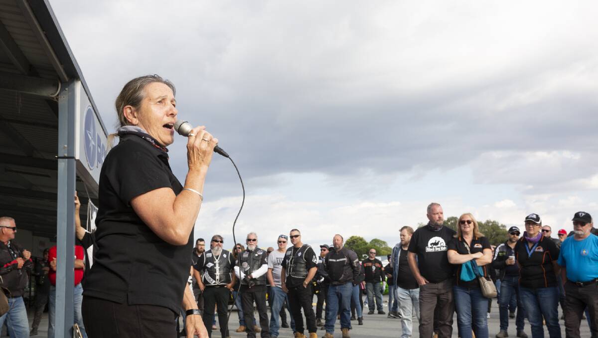Ride coordinator Nerolie Falconer speaks ahead of the Black Dog Ride motorcycle riders departing from Wagga. Picture: Madeline Begley
