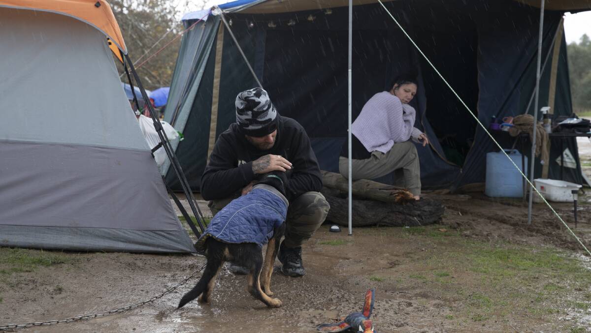 DIRE SITUATION: Aaron Buschmann pats puppy Ned, the day after the tent he shares with his wife Skye flooded in Wilks Park in North Wagga. Picture: Madeline Begley
