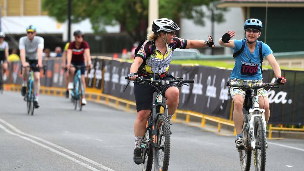 DETOURS: Petra Crowe and Jane Sexton from Canberra reach the Baylis Street finishing line during Gears and Beers 2019. 