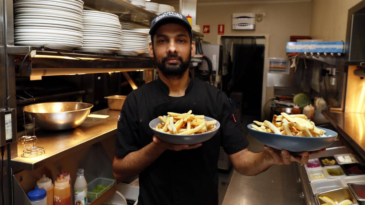 Sporties hotel chef Arjun Sedhaie holds in his hands a hot commodity, much in demand. The humble chip is hard to find as potato shortages bite. Picture by Les Smith