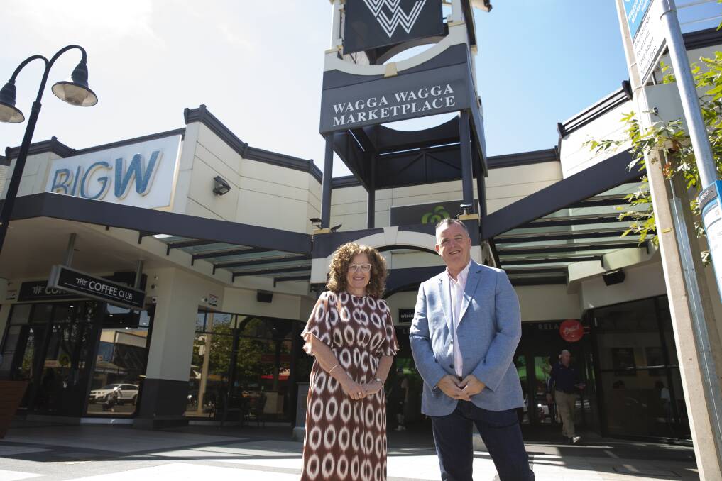 QUARTER CENTURY: Centre manager Maria Sharman with Mayor Dallas Tout outside Wagga Marketplace. Picture: Madeline Begley 