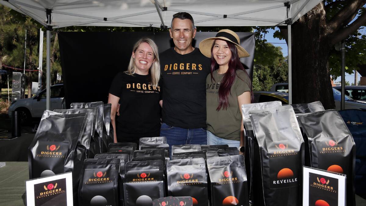 Digging the brew: Diggers Coffee co-founder Harry Fitzgibbon his wife Melissa (L) and Corinna Sheather. Picture Les Smith