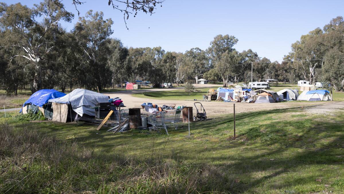 CONFRONTING: The makeshift camp at Wilks Park, where more homeless people are living than ever before. Picture: Madeline Begley