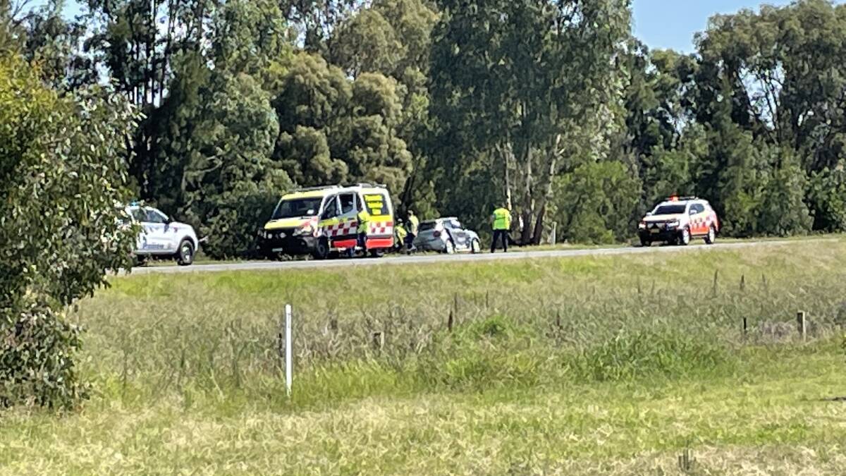 Close call: A two car crash caused disruption on Colin Knott Drive (Olympic Highway) near Boorooma Road. Picture: Les Smith