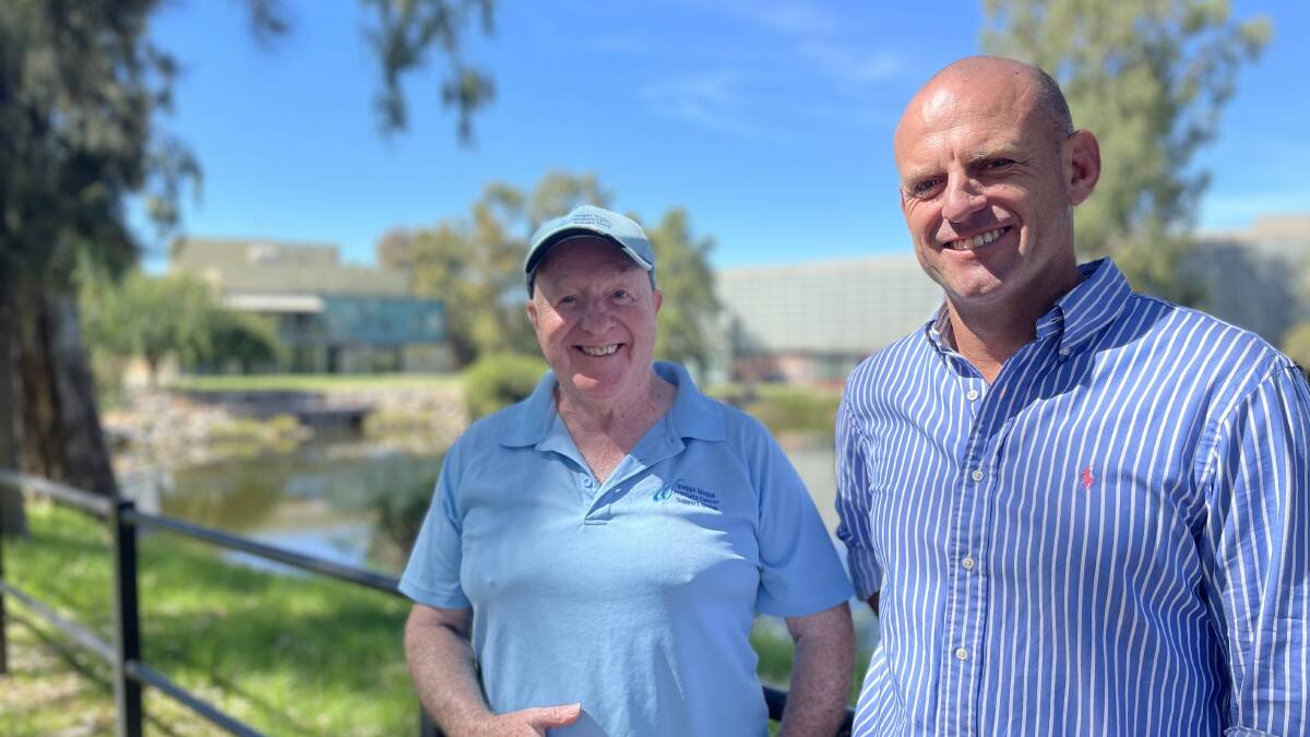 Blokes that lunch: Wagga Prostate Cancer Support Group group leader and facilitator Mike Murray (left) alongside Andrew Roberts from South Wagga Apex Club. Picture: Conor Burke
