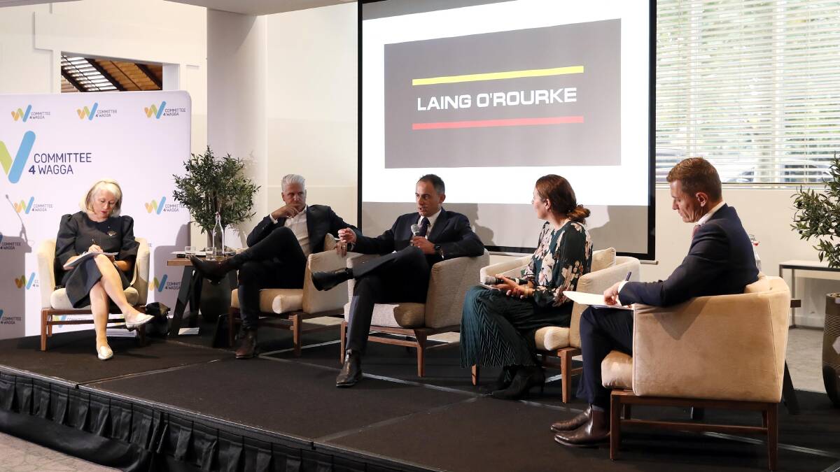 BRIGHT FUTURE: Genevieve Jacobs, Craig Stallan, Lloyd Gomez, Jillian Kilby and Anthony McFarlane speak at the Committee 4 Wagga business summit yesterday. Picture: Les Smith