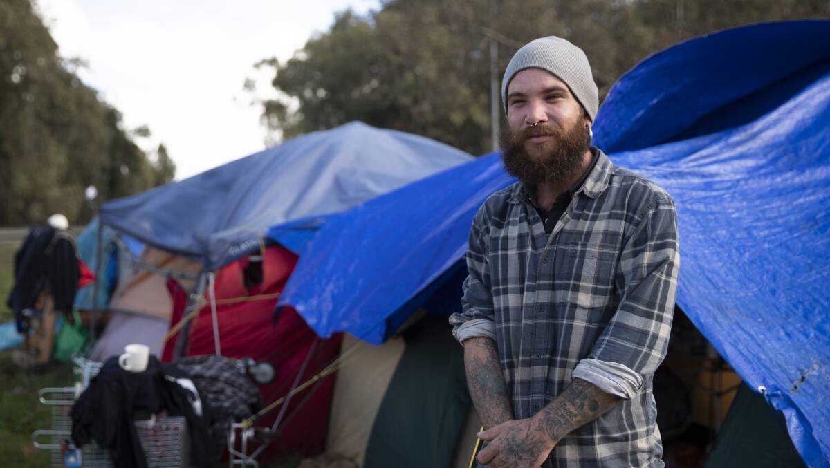 DIRE SITUATION: Matt Costello, 32, has spent the last 8 months sleeping in a tent in Wilks Park, North Wagga. Picture: Madeline Begley 