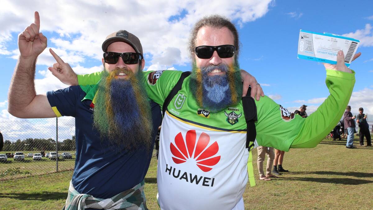 DESIGNER BEARDS: Michael Chittick from Wagga and Brendan O'Brien from Canberra took their support for the Raiders to the next level at Wagga's first Raider's game in 2019. Picture: Les Smith