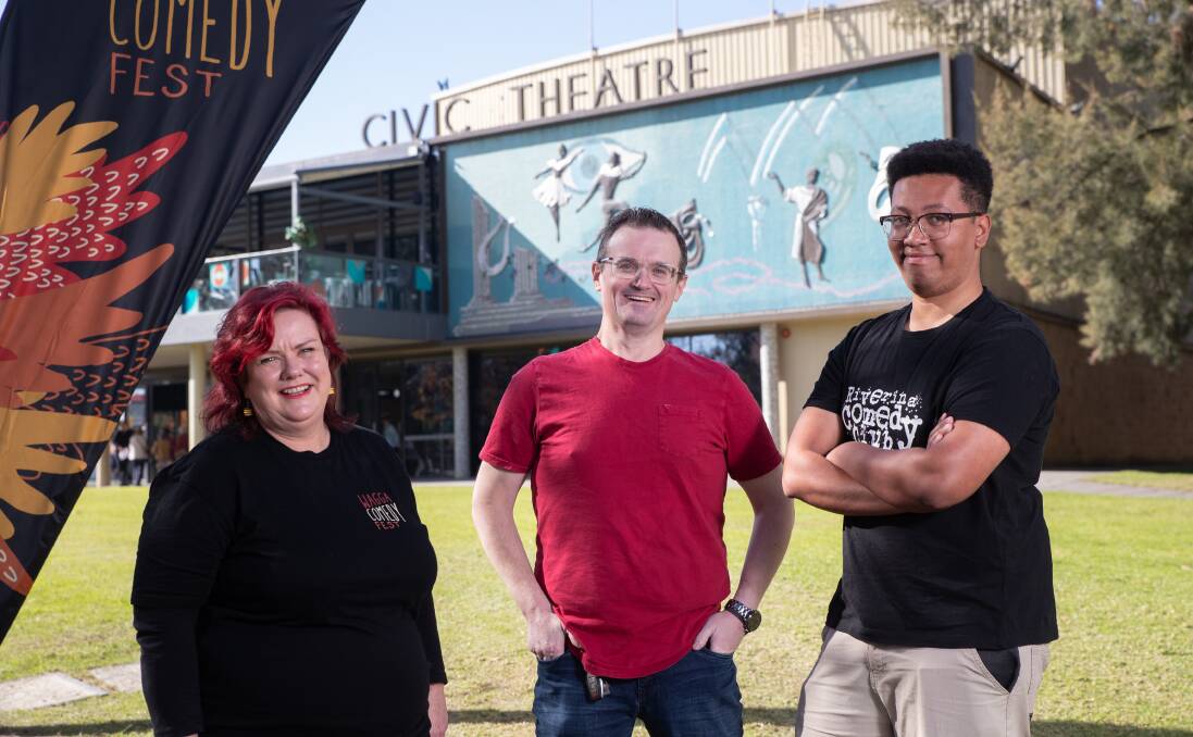 Civic Theatre manager Isobel MacCallum pictured with Jamie Way, part of the inaugural Great Wagga Comedy Fest Debate, and Riverina Comedy Club comedian Aidan Mungai as they gear up for next month's laughs at the Civic Theatre. Picture by Madeline Begley