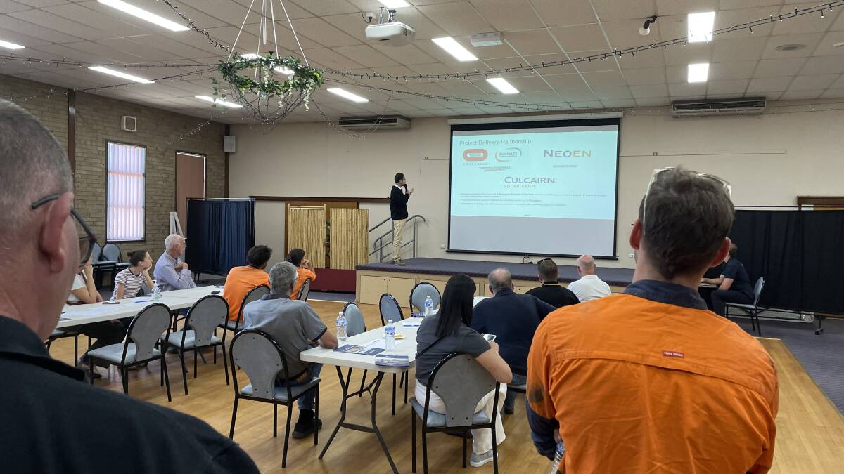 A representative from construction company Bouygues Australia addresses about 60 people at the information session at the Culcairn Bowling Club on Thursday. Picture by Ted Howes