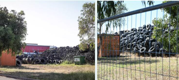The tyre dump at Bennu Circuit next to Albury's airport, pictured last year on November 17, left, and pictured last week on February 16. Pictures by James Wiltshire and Mark Jesser