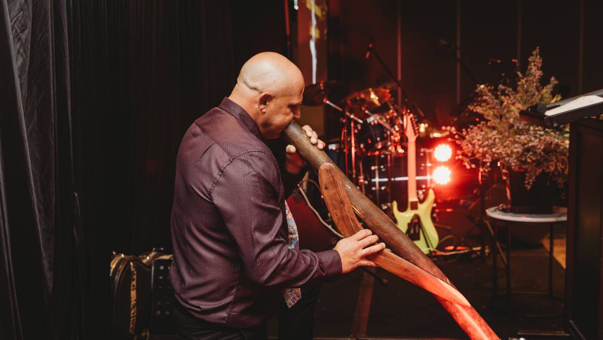 Yindyamarra Award winner Luke Wighton playing Didgeridoo for the first NAIDOC Ball since 2019. Picture by Carmen Hickey