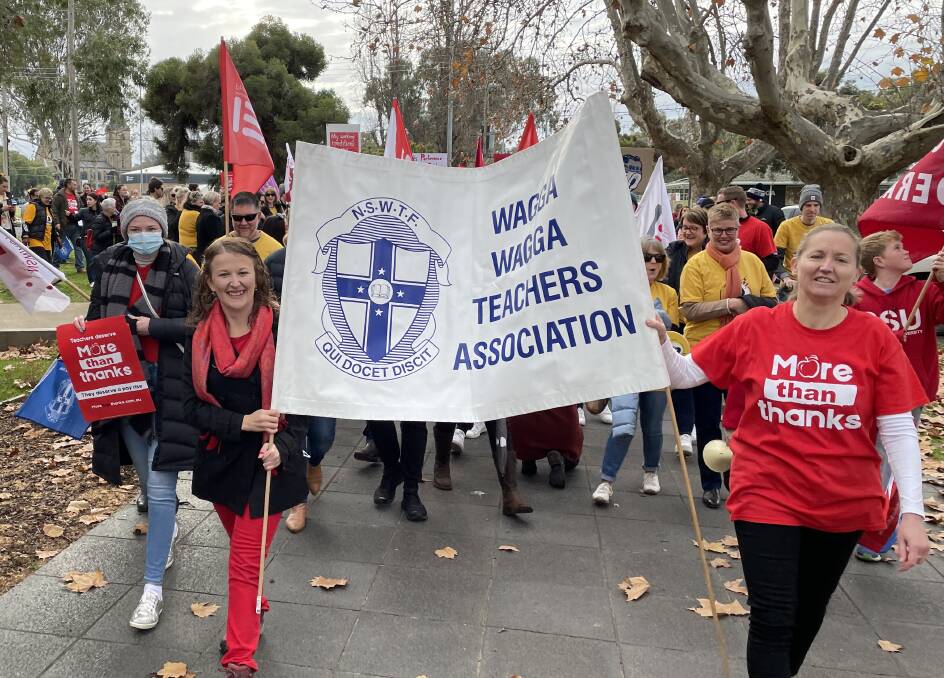 Wagga's public and Catholic school teachers marched together today in the two group's first joint industrial action since 1996. Picture: Tim Piccione