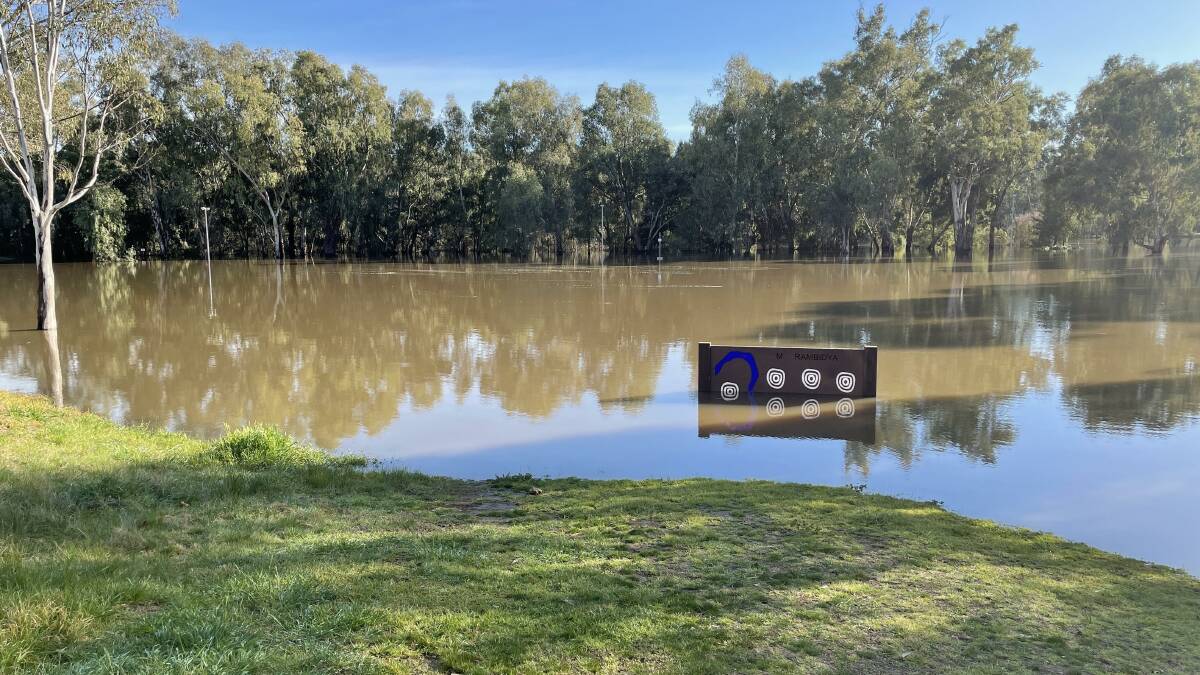 The flooded Wagga Beach carpark taken yesterday at 9am, with the river height sitting at 8.40m. Picture: Tim Piccione 