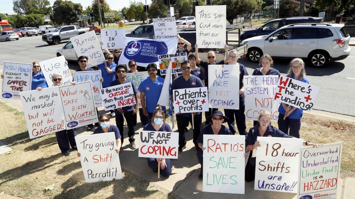 The NSW government has responded to calls for health staff shortage alleviation after industrial action like 200 Riverina nurses and midwives striking in March. Picture: Les Smith