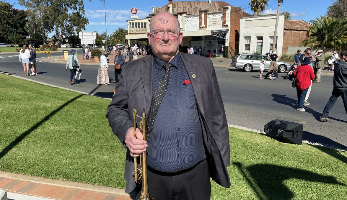 LOCAL ICON: Ex-Army reservist Shane Logan has played the bugle/trumpet for Junee's Anzac Day ceremony for 57 years. Picture: Tim Piccione 