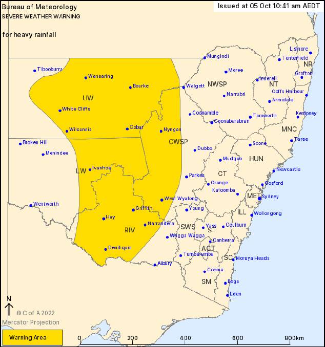 Towns like Hay, Deniliquin and Narrandera all fall within the continued severe weather warning on Wednesday. Picture by Bureau of Meteorology