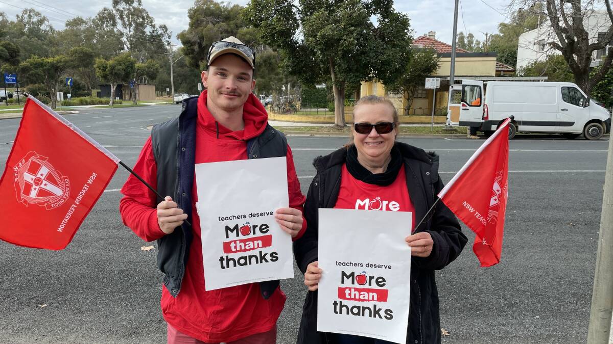 Gundagai Public School teachers Josh Cheney and Wendy Carpenter both travelled to Wagga this morning to show their frustrations with staff shortages in their own town. Picture: Tim Piccione 