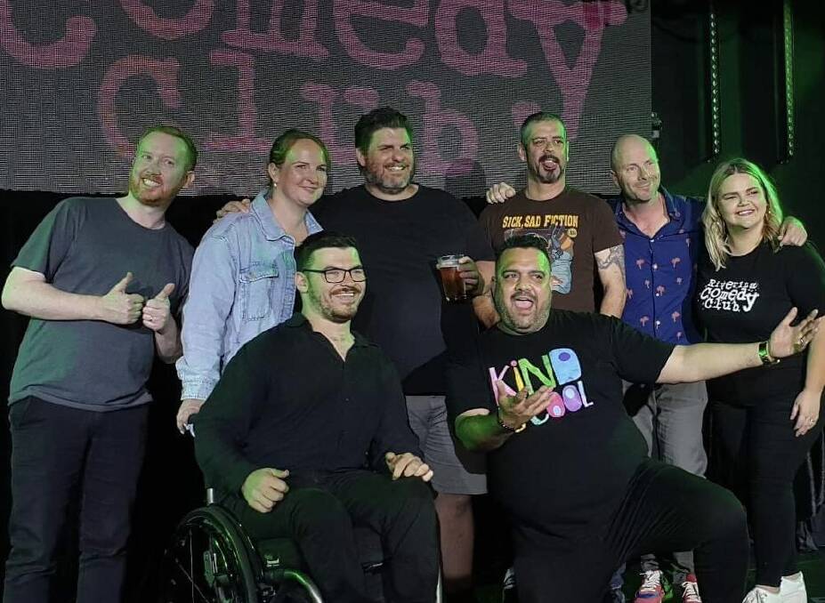 Event organiser Dane Simpson (front right), pictured with performing comedians including headliner Luke McGregor (back left), says he started the popular comedy showcase years ago when Wagga had no scene. Picture supplied 