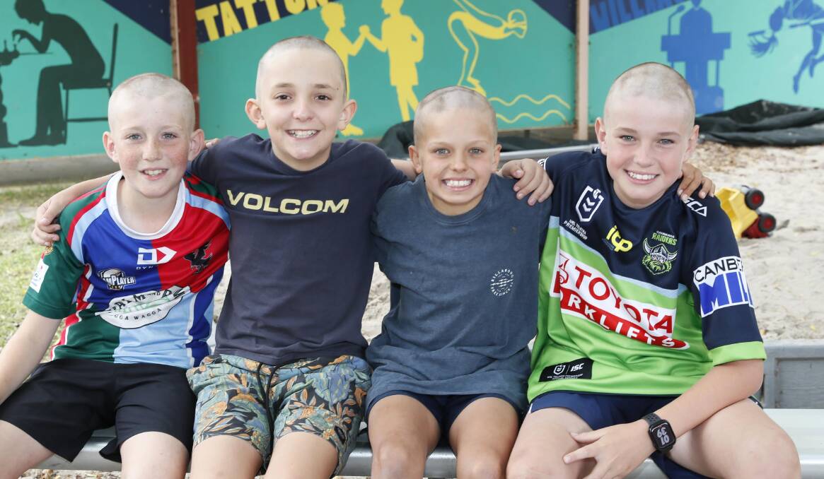 Matthew Graham, Joe Barklem, Tom Ward and Caleb Hocker after their charity shave. Picture: Les Smith 
