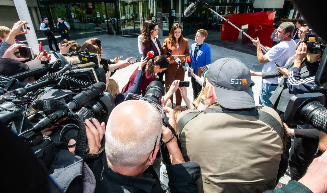 Brittany Higgins addresses media outside the ACT courts following a criminal trial being abandoned. Picture by Karleen Minney