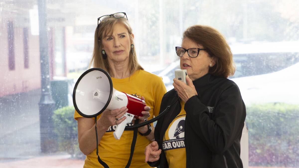 IEU organiser Megan Bruce (right) and IEU federal resource officer Lyn Caton each spoke at today's teacher's strike. Picture: Madeline Begley 