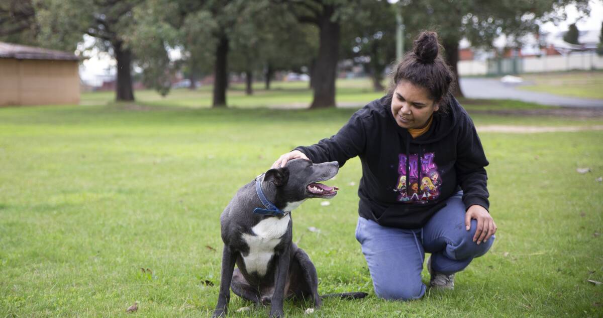 Tameka Knight has often turned to her American staffy x kelpie, Ali, for support since her unit block burned down in a tragic fire nearly two months ago. Picture: Madeline Begley