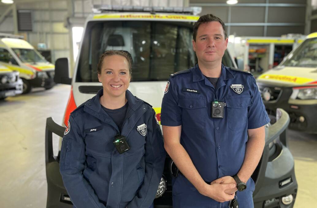 Wagga paramedics Amy Barclay and Charles Milne wearing the new body worn cameras that are being trialled across three more NSW centres from December. Picture by Tim Piccione 