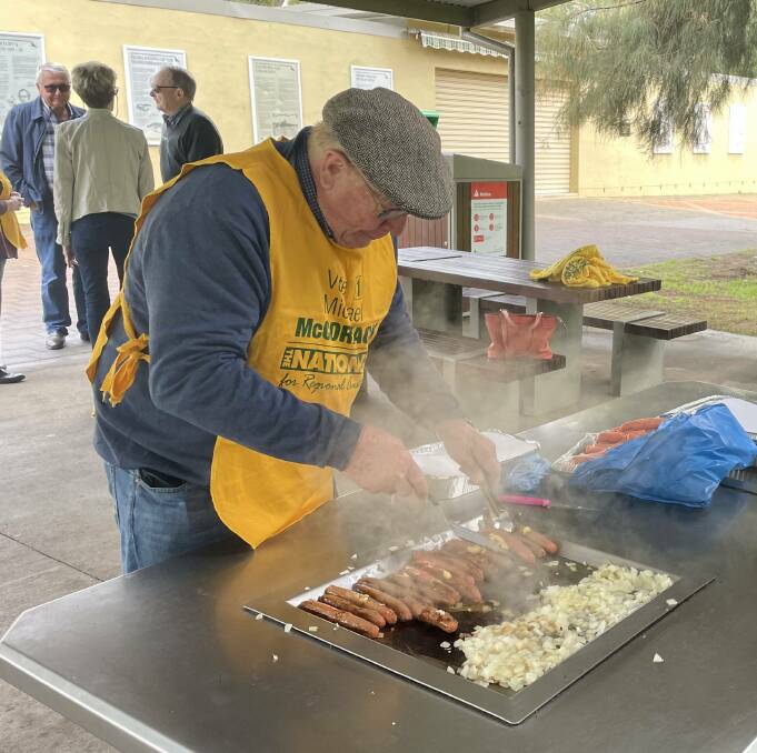 Wagga resident and lifelong National Party member John Dennis on the BBQ for Mr McCormack's campaign launch. Picture: Tim Piccione 