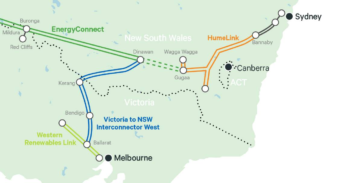 The proposed transmission line (blue) which would pass through southern Riverina. Picture: Contributed